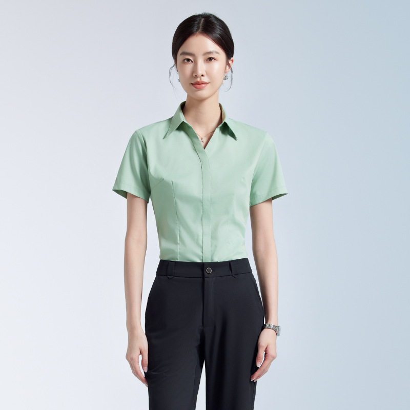 2026 High-End Women's Short-Sleeve Shirt with V-Neck and Hidden Placket, Elegant and Professional Solid Color Slim-Fit Top with a Sense of Sophistication