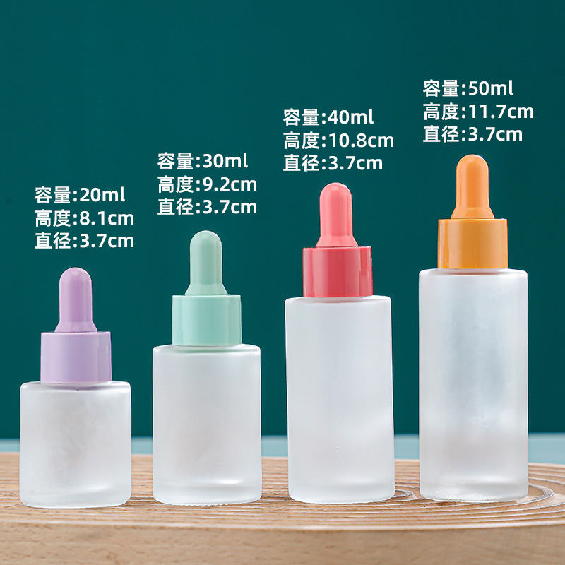 Macaron-Colored Frosted Glass Flat Shoulder Dropper Bottle with Colored Ring for Original Liquid Essence Sample Dispensing Bottle 20ml