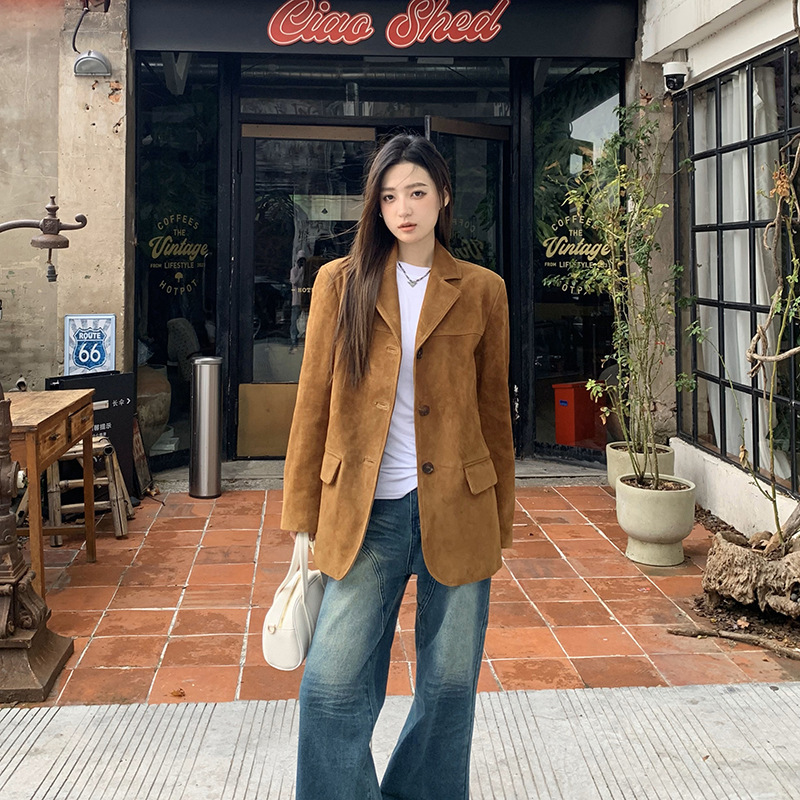 棕色西装外套女2025秋新款麂皮绒复古美拉德设计感小个子上衣百搭|undefined