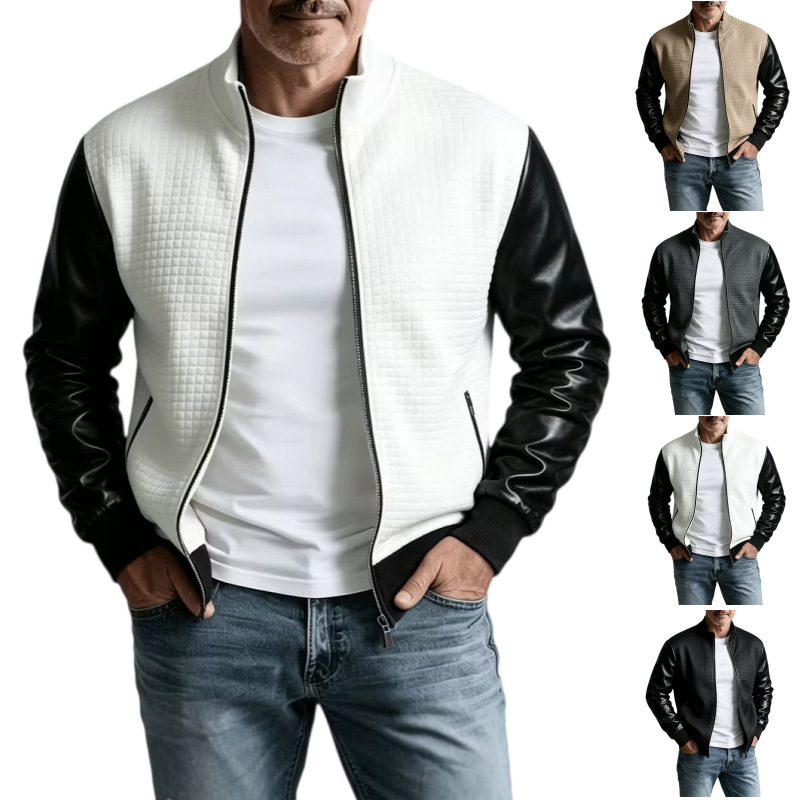 Men's Waffle Patchwork Jacket, Spring and Autumn Stand Collar, PU Leather Sleeves, Color-Contrast Baseball Jacket, Casual Men's Outerwear Men's Waffle Patchwork Jacket, Spring and Autumn Stand Collar, PU Leather Sleeves, Color-Contrast Baseball Jacket, Casual Men's Outerwear