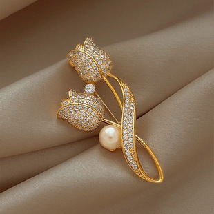 Korean style new tulip rhinestone brooch Pearl full diamond high-end women's flower brooch suit matching jewelry