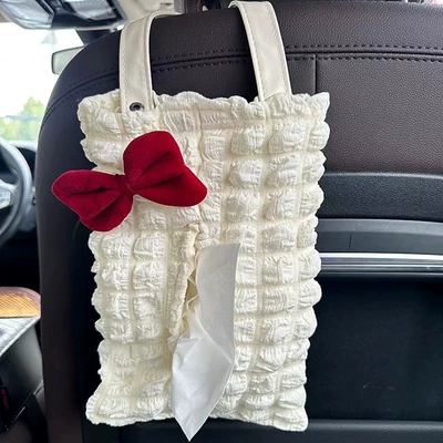 Car tissue box/set Seat Back Tissue Holder - white-puff-bow-style-tissue-box