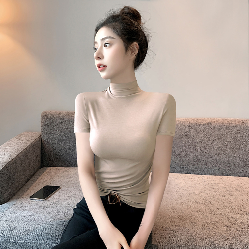 女性用ブラウンハーフタートルネック半袖Tシャツ、2025年新作夏スリムフィットボトムシャツトップ|undefined