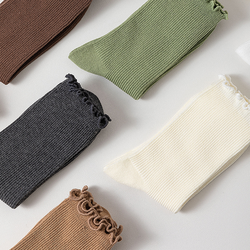Damen Crew Socken Mit Wellensaum Für Herbst Und Winter Einfarbig_voghion.com