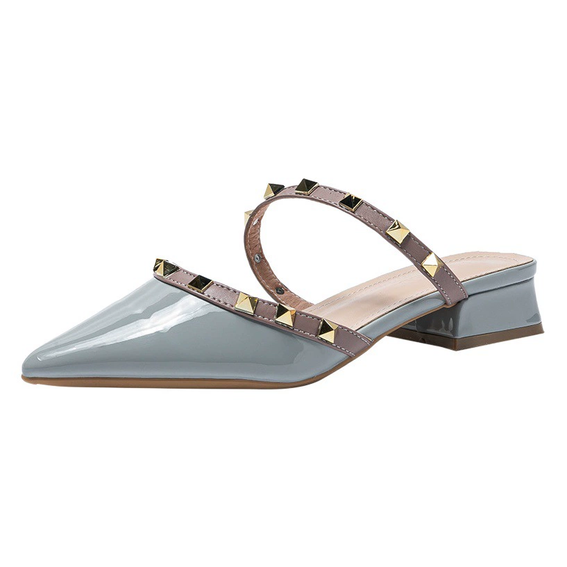 Уоррен летом средний каблук указал полу-тапочки для женщин ленивый-голова обернутый вокруг заклепки лакированной кожи прохладно плюс размер 41-43