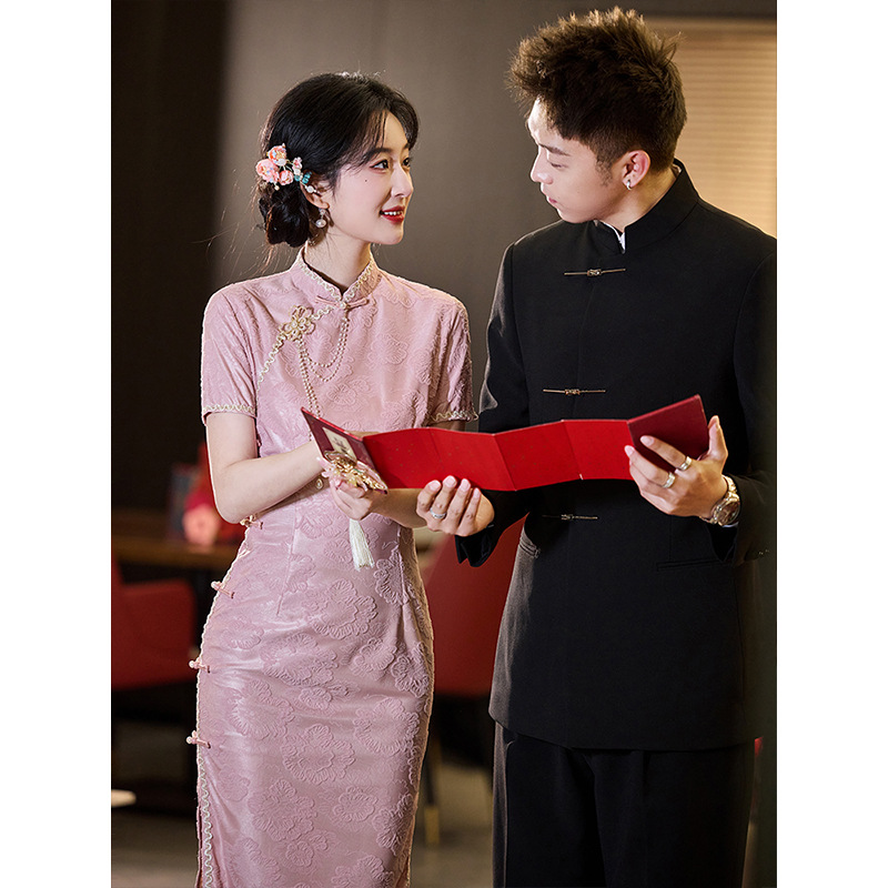 Pink Cheongsam Toast Dress Bride New Chinese Style Improved Young Jacquard Wedding Engagement Dress Small