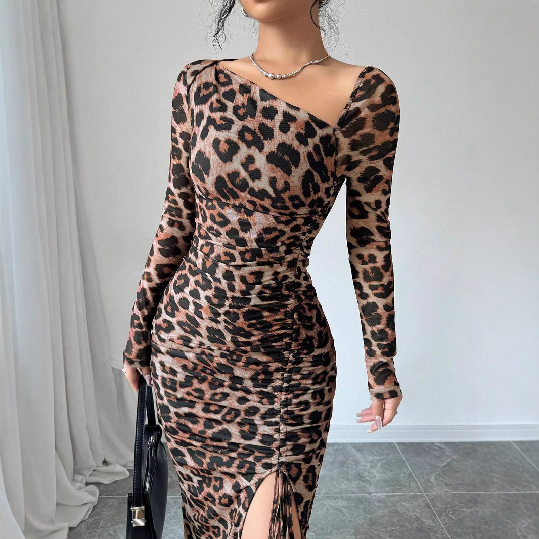 Bodycon Leopard Print Dress – Long Sleeve Wrap Mini Dress With Drawstring Waist (S-XXL, Coffee/Red/Black, Sexy Euro-Chic Spring Style)_ecoleips.com