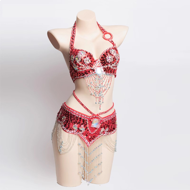 Danza del vientre ropa de espectáculo de mano perla bordada bra cintura paquete de baile indio vestido de escenario sexy discoteca BRA