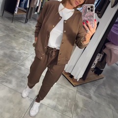 欧美跨境热销秋冬纯色时尚通勤潮流长袖休闲卫衣夹克套装女两件套