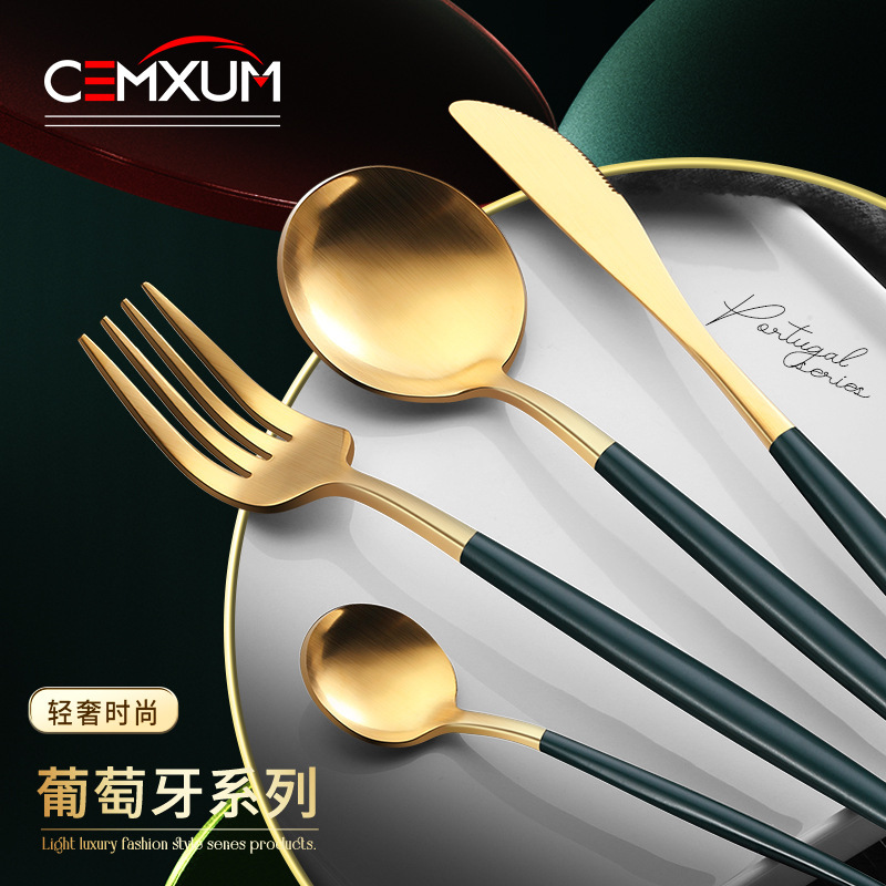Cross-border Stainless Steel Knife and Fork 304 Round Handle Portuguese Tableware ins Style Thickened Western Steak Knife and Fork Spoon Chopsticks