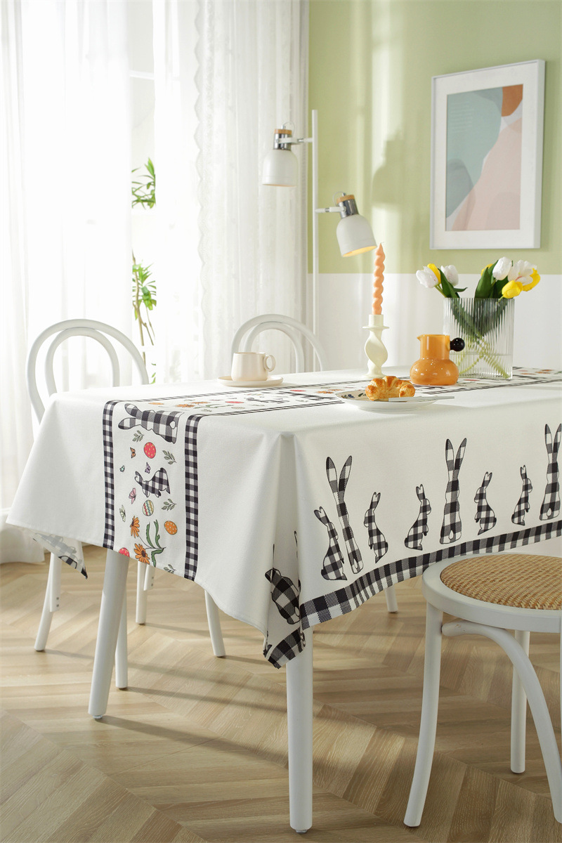Tovaglia da caffè impermeabile in poliestere con stampa a quadri pasquali, coniglietti e fiori primaverili. Copertura per tavolo da pranzo_voghion.com