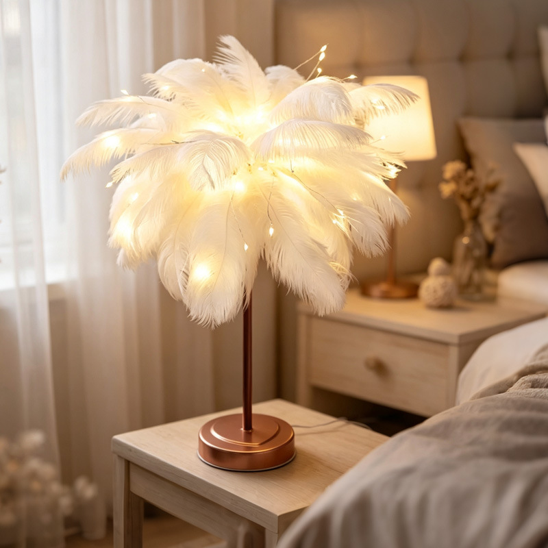 Lámpara LED con forma de pluma para dormitorio, lámpara de mesa de ambiente creativo, lámpara decorativa de alta gama para mesita de noche, regalo romántico para días festivos