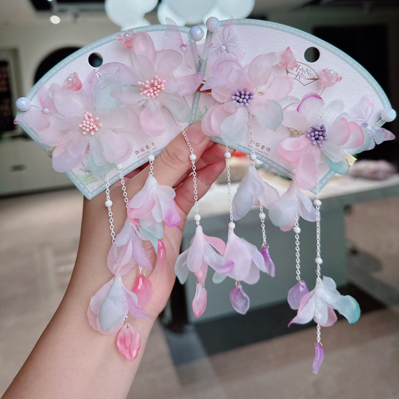 Ancient Style Clip-On Pendant Hanfu Tassel Hairpin Accessories New Design Flower Moving Butterfly Cute Hair Accessory for Little Girls
