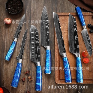 Cross-Border Foreign Trade Blue Resin Damascus Pattern Chef's Knife Set Knife Santoku Knife Fruit Knife Japanese Knife Deboning