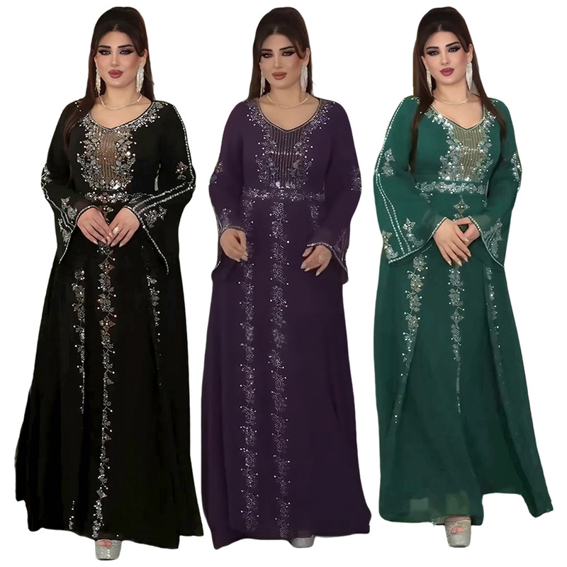 European and American Amazon Elegant Long Dress Evening Dress Heavy-Duty Hot Diamond Cross-Border Muslim Clothing Women's Plus Size Dress