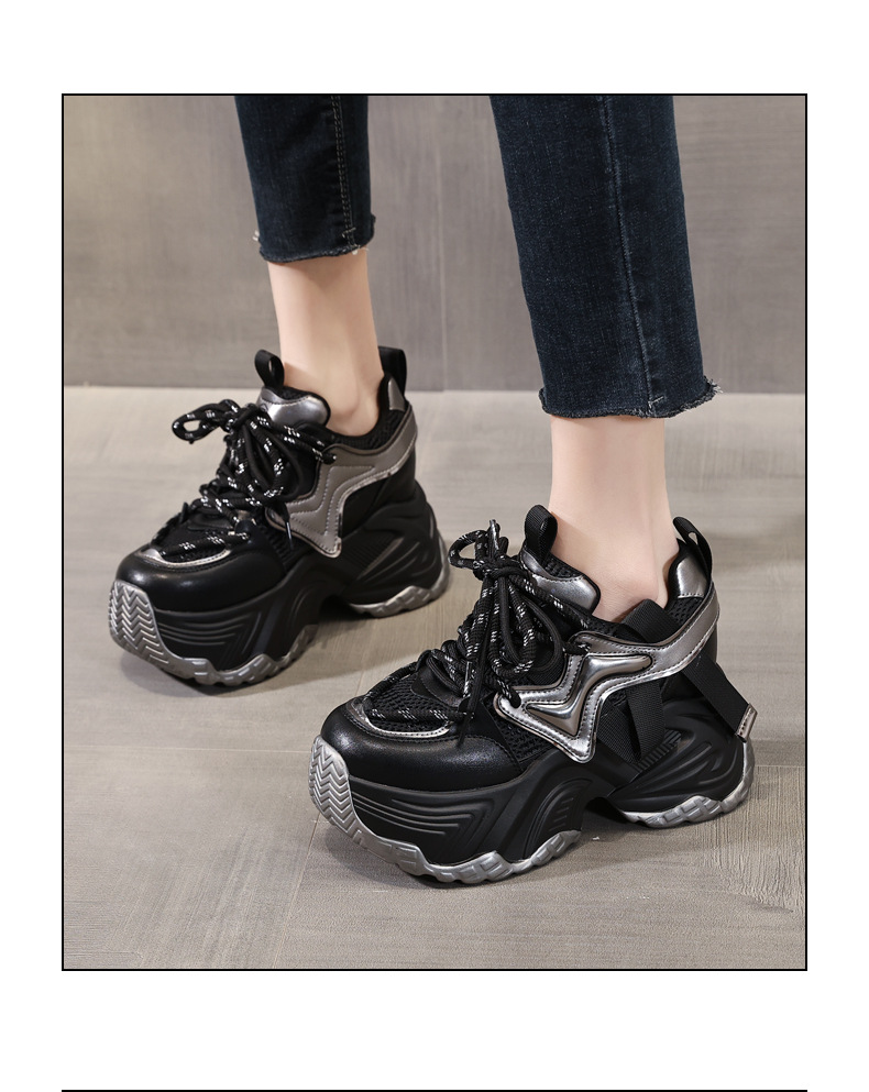Giày sneaker nữ đế dày độn cao bên trong, phong cách bánh xốp mới mùa xuân — Màu đen chi tiết 16