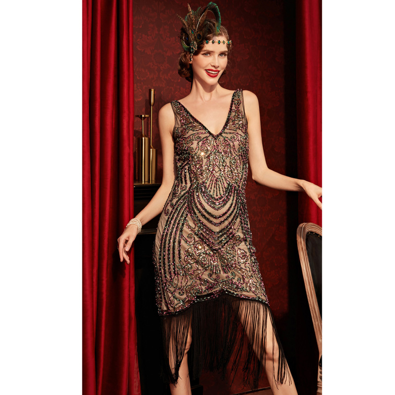 European and American Cross-Border Retro Masquerade V Neck High-End Dress Gatsby Party Sequined Tassel Dress European and American Cross-Border Retro Masquerade V Neck High-End Dress Gatsby Party Sequined Tassel Dress