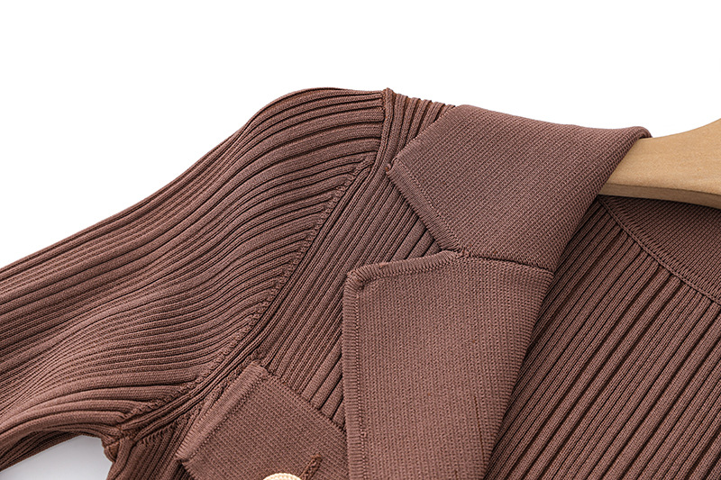 Women's Long Sleeve Blazer Collar Midi Dress Metal Buttons Rib Knit Bodycon Elegant Office Evening Wear Slip Dress_ecoleips.com