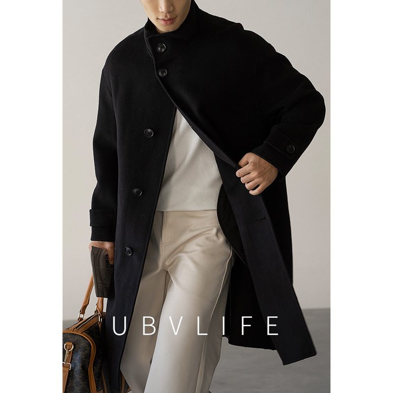 Men's Wool Blend Double-Sided Cashmere Mid-Length Stand Collar Trench Coat, Spring 2026, Warm and Casual New Style.