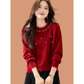 潮2238红色钉珠毛衣女秋冬可外穿2026新款短款内搭羊毛针织打底衫