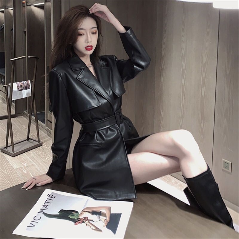Trendy Influencer-Style Ultra-Cool Hong Kong-Style Belted Trench Coat 2026 Autumn Waist-Cinching Slimming Mid-Length Leather Dress for Women