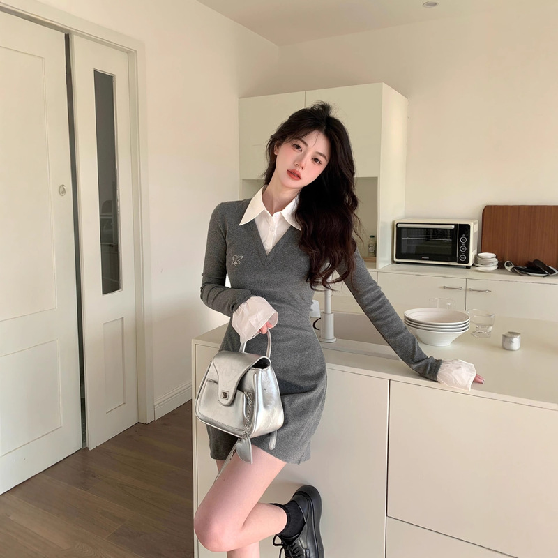 假两件灰色针织连衣裙子女秋冬季2025新款气质辣妹打底内搭包臀裙|undefined