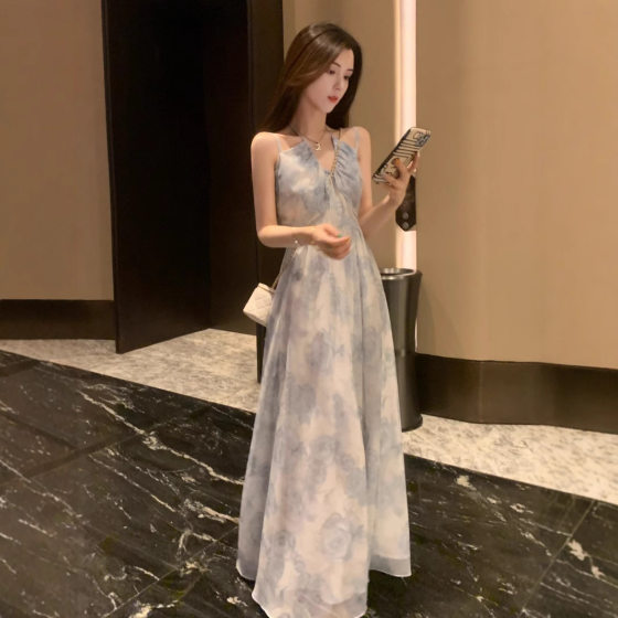 French Style Summer Floral Neck Hanging Strap dress Women's Seaside Vacation Pure Desire Long Dress 2025 New Women's Dress