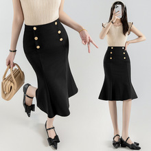 2024春夏新款包臀裙双排扣拼接半身裙高腰中长款包裙铅笔一步裙女