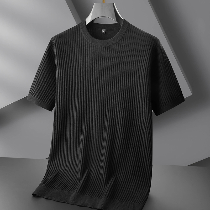 Fat Brother 2025 Autumn New Men's Plus Size Round Neck Striped Short Sleeve Knit Shirt for Men Fat Brother 2025 Autumn New Men's Plus Size Round Neck Striped Short Sleeve Knit Shirt for Men