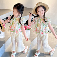 女童花朵飛袖套裝2024夏季新款洋氣時髦兒童女寶寶甜美壓皺兩件套