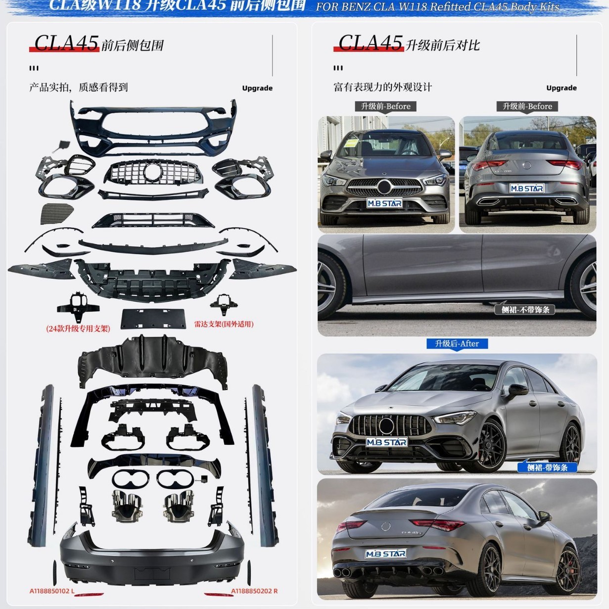 Front Bumper Body Kit for Mercedes-Benz CLA W118 CLA45 Upgrade