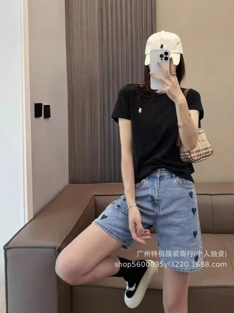 Foreign Trade Ready-Made Pony Embroidered T-Shirt for Men and Women, Round Neck Pure Cotton Short-Sleeved Scan Code Cross-Border R Casual Versatile Half-Sleeve