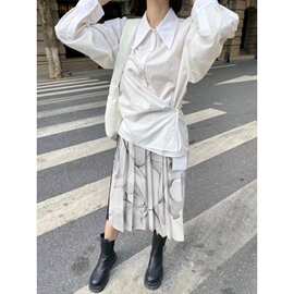 素美汇韩系LC线条印花百褶半裙女26早秋新款设计感垂感雪纺A字裙