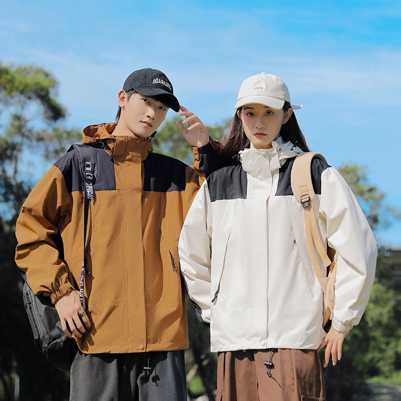 2023秋季冲锋衣户外情侣拼色冲锋衣可脱卸帽防水防风夹克9919青少