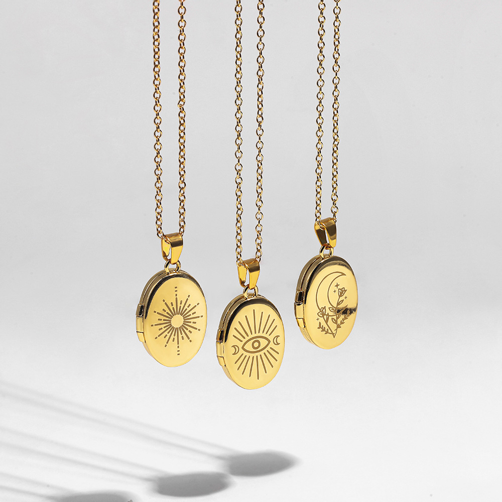 10g Weight Electroplating Gold Plating Process Wholesale Jewelry Retro Sun Devil's Eye Oval Titanium Steel Plating Locket Necklace