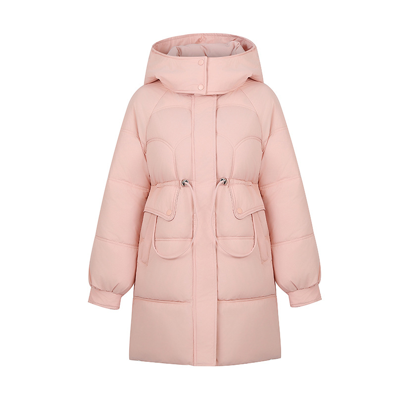 Moda cálida pluma de algodón de mujer 2025 invierno nuevo tipo largo encapuchado cintura delgada abrigo de algodón