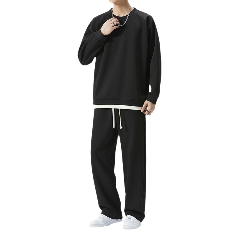 Otoño e invierno traje deportivo casual de los hombres de dos piezas de color sólido cuello redondo falso suéter de dos piezas pantalones de chándal traje de la moda de los hombres