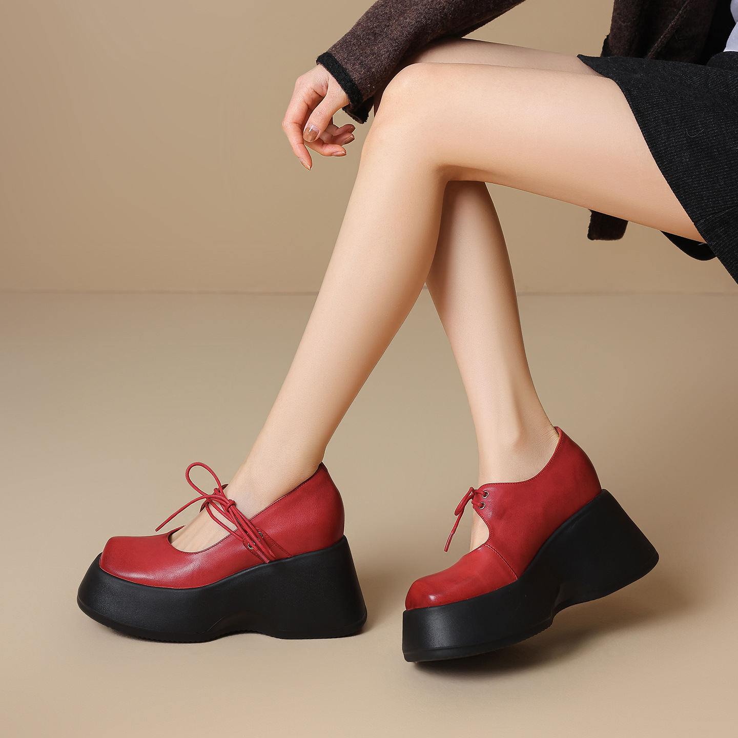 Giày Mary Jane nữ đế dày 10 cm mũi tròn phong cách Anh quốc da thật — màu đen