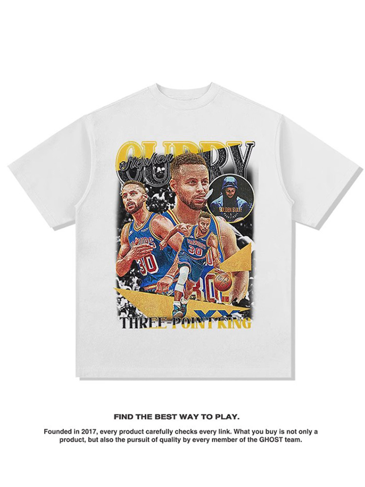 Verano nuevo Curry estilo americano impresión retro baloncesto camiseta de mangas cortas suelta pesada lavado con agua hacer viejos hombres y mujeres t