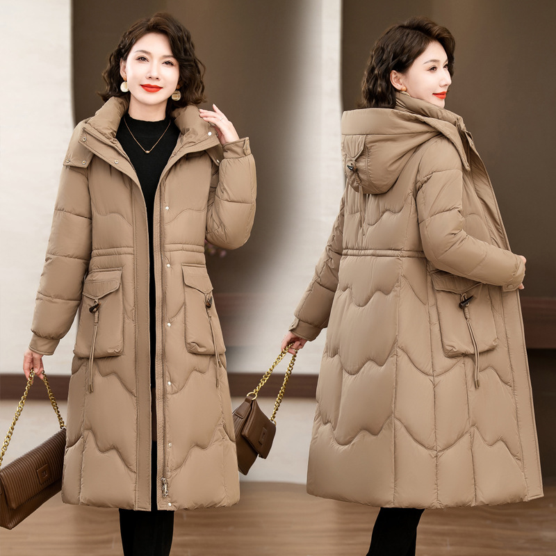 Ropa de algodón para mujeres de mediano largo 2025 invierno extranjero sobre la rodilla ropa de algodón coreana gruesa abrigo de madres de mediana edad grande
