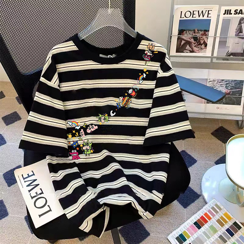 [Special offer yarn-dyed strips] European black and white striped short-sleeved T-shirt women's summer 2025 summer loose T-shirt top