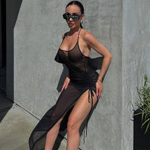 欧美风外贸女装2025夏季新款网纱性感透视开叉修身连衣裙批发代发