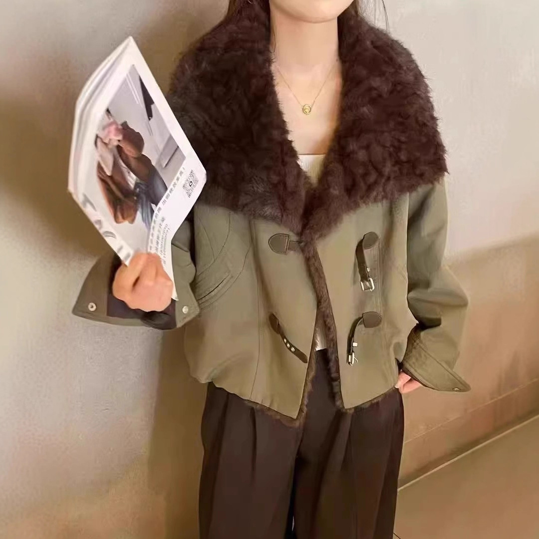 韩版大毛领派克棉服女2025冬季新款内里毛毛加厚保暖牛角扣外套潮