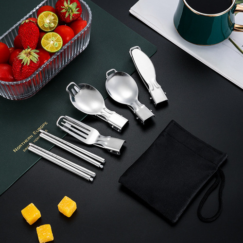 304 stainless steel foldable cutlery set with knife, fork, spoon, detachable chopsticks, outdoor portable cutlery bag