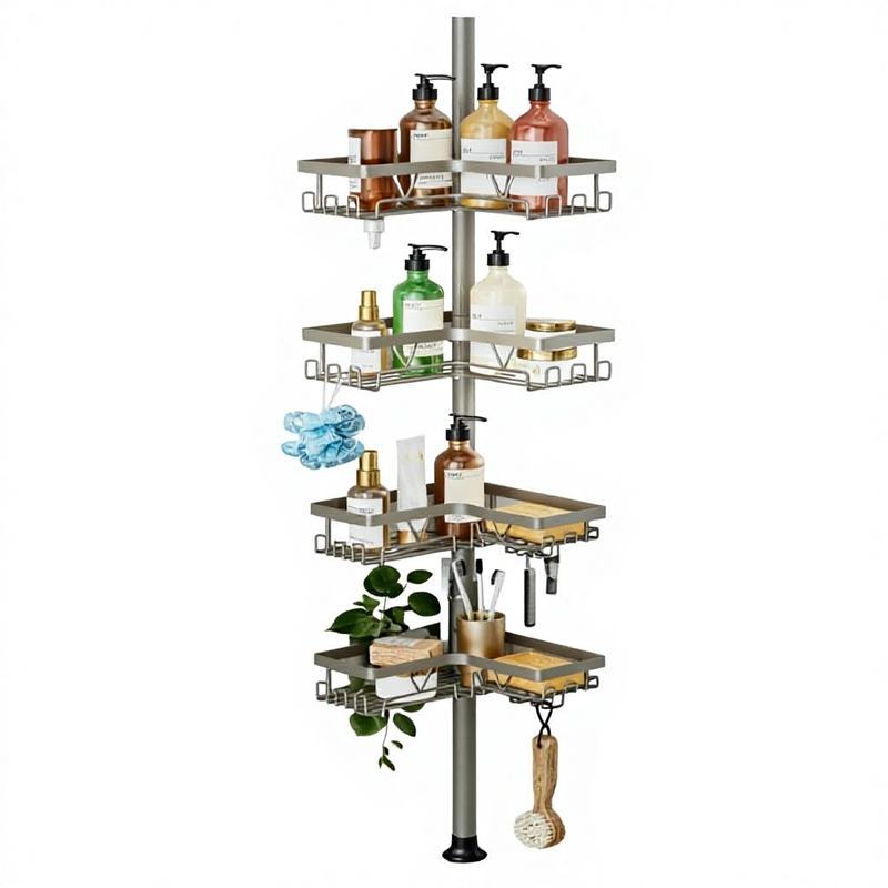 Four-Layer Metal Shower Storage Rack with Telescopic Rod, Rust-Proof, Adjustable Corner Bathroom Home Storage Rack