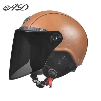 Motorcycle Safety Supplies: Motorcycle Retro Half Helmet, Summer - 3c-leather-brown-detachable-ear-protection-long-sunscreen-glasses-one-size-fits-all-suitable-for-head-circumference-55-62