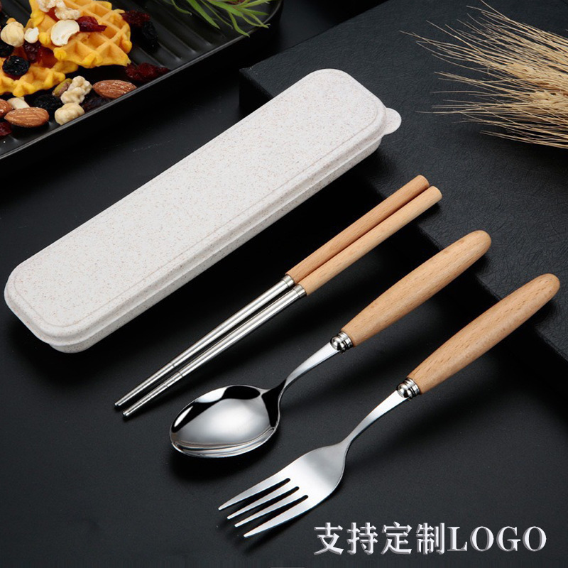 Wooden Handle Stainless Steel Cutlery Set, Three-Piece Set, Spoon and Chopsticks, High-End Japanese Style, Suitable for Home, Students, Outdoor, Portable