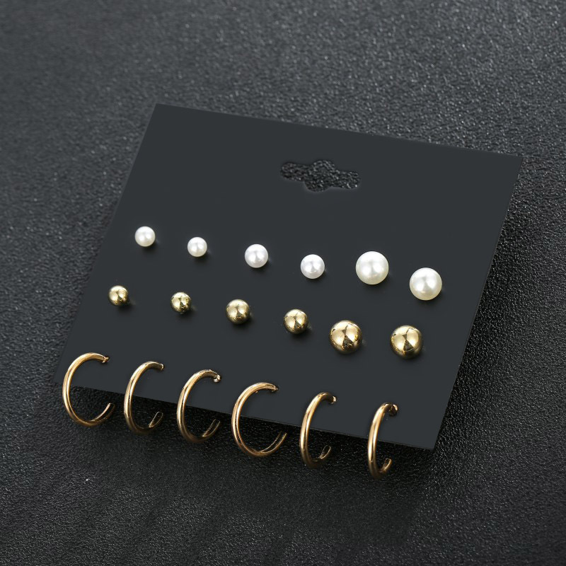 Trendy Temperament Pearl Set Earrings 12 Pairs Of Combination Earrings Simple Metal Geometric C-shaped Earrings display picture 5