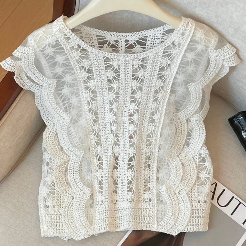 Direct Sale from the Manufacturer: Korean-Style Gentle Lace Flutter-Sleeve Top for Women, Summer Hollow-Out Short Elegant Knit Blouse Direct Sale from the Manufacturer: Korean-Style Gentle Lace Flutter-Sleeve Top for Women, Summer Hollow-Out Short Elegant Knit Blouse