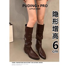 现货版~内增高复古长筒靴女尖头褶皱堆堆靴棕色百搭瘦瘦靴子
